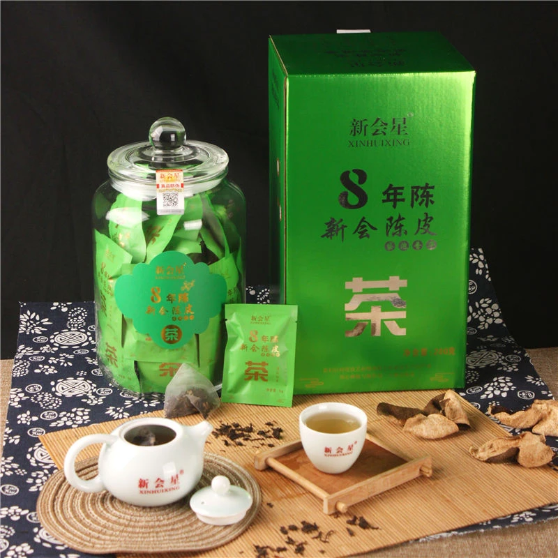 新会星8年新会陈皮袋泡茶普洱熟茶三角包新会柑普礼盒罐装200克