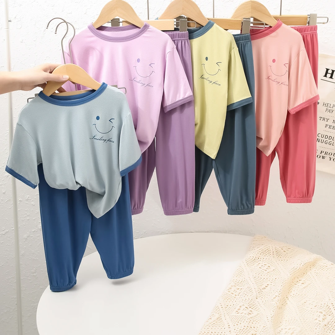 儿童春夏薄款睡衣套装男孩女孩短袖九分裤休闲空调服家居服中大童