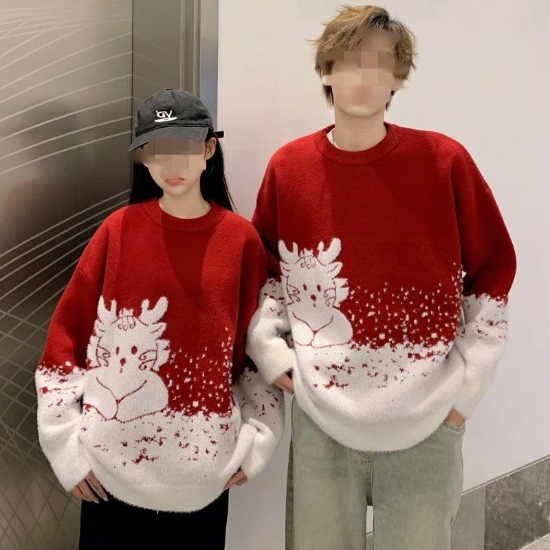 冬季百搭红色龙年本命年毛衣过新年圣诞衣服喜庆圆领慵懒风女士针