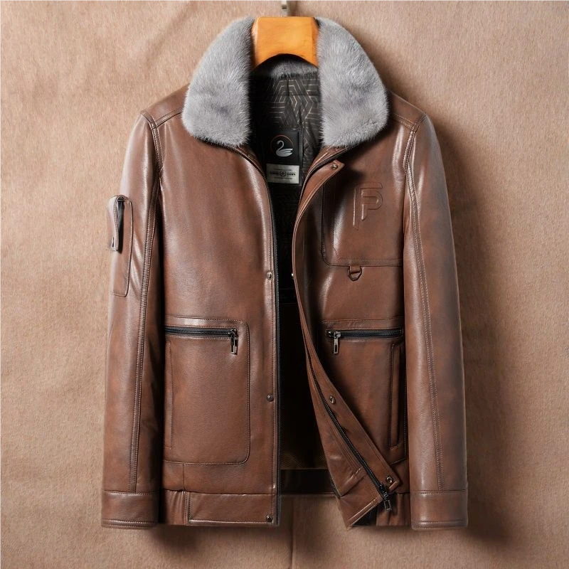 【3638】牛皮外套款水貂毛领男士中冬款皮衣高档时尚休闲真皮秋冬款