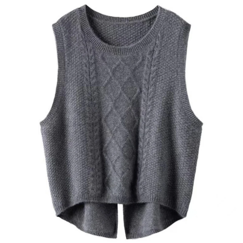 秋冬季女圆领后开叉羊毛针织女士羊毛衫马甲