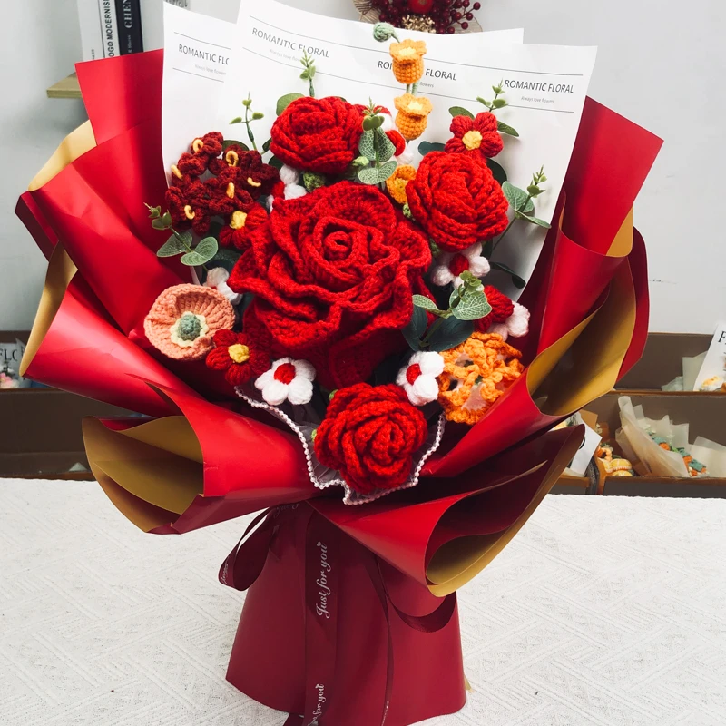 【成品发货】手工毛线钩织花束泰国玫瑰送生日结婚庆典开业送长辈