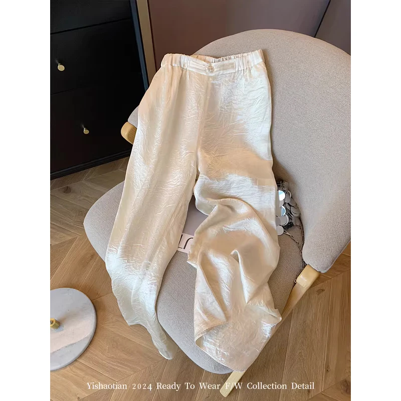 缎面复古时尚褶皱肌理感阔腿裤女夏薄款宽松夏季显瘦小众休闲裤