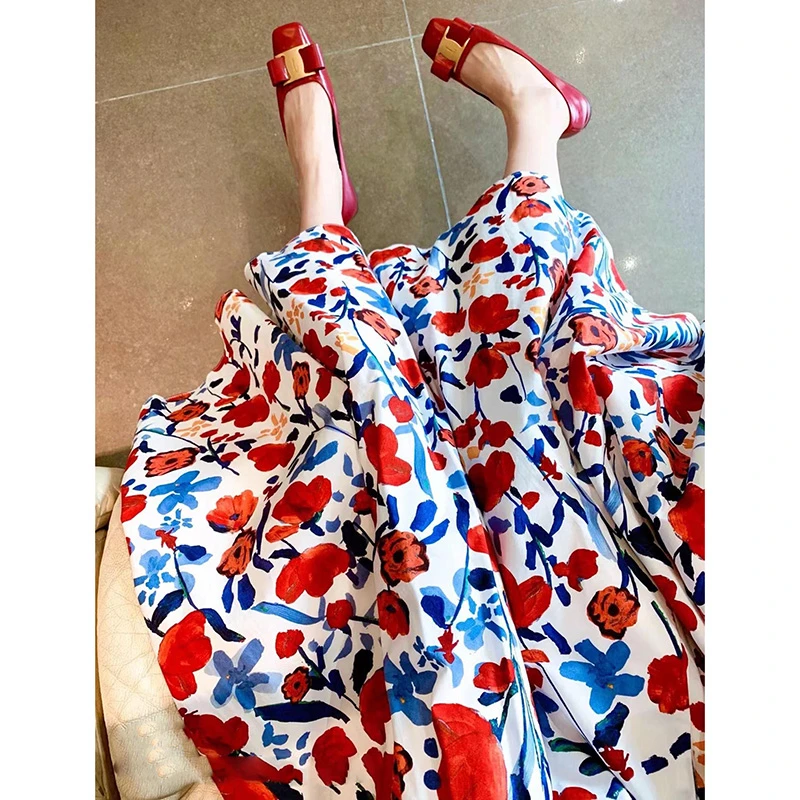 2024新款爆款中长款A字裙子女款高档显瘦高腰复古油画碎花半身裙