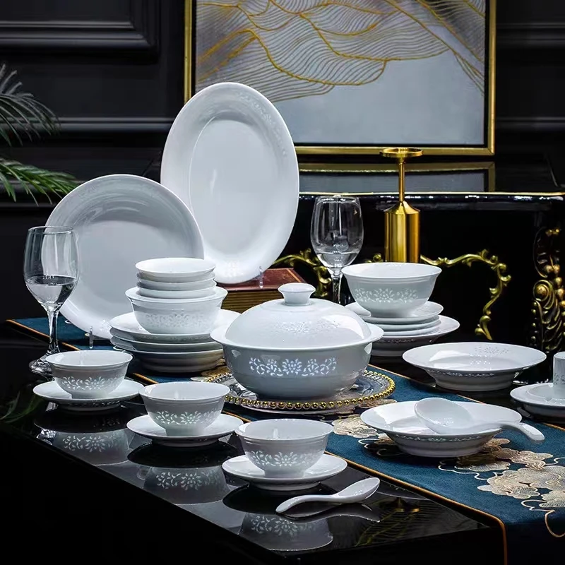景德白瓷《白色玲珑》玲珑餐具套装高端中式手工雕刻缠枝莲传统工艺