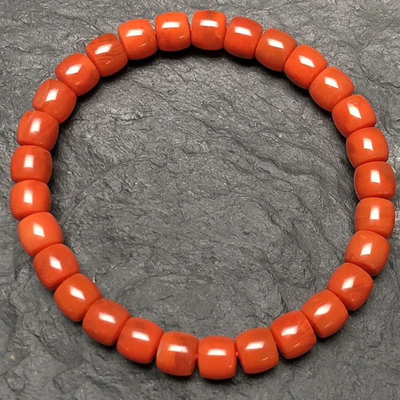 原矿无优化川料南红柿子红火焰纹直切5-6mm左右单圈手串珠串