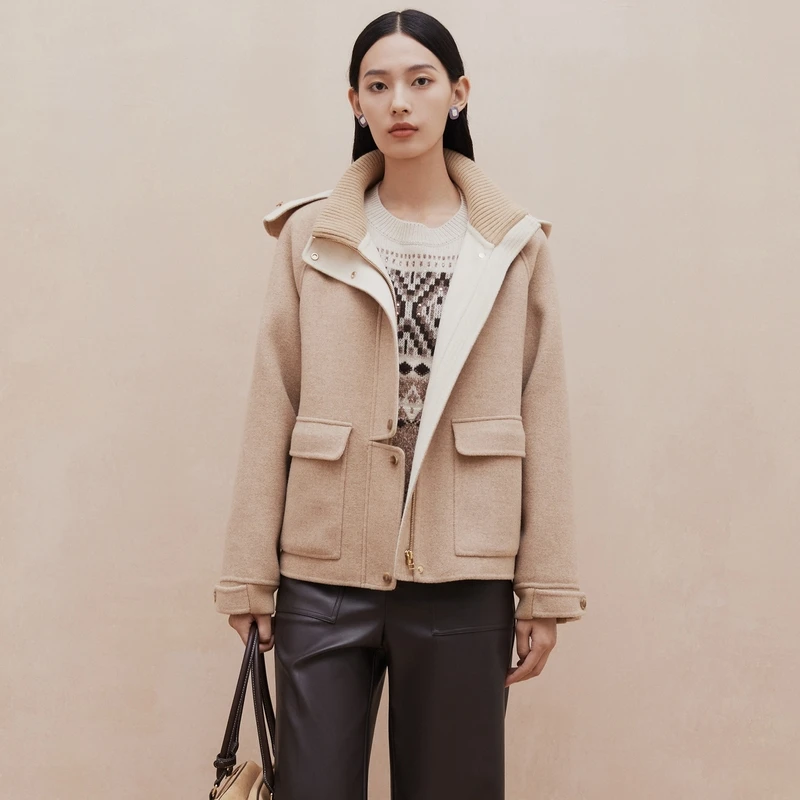 大雅家firststation时尚连帽羊毛短款毛呢外套女24秋冬新款8126A