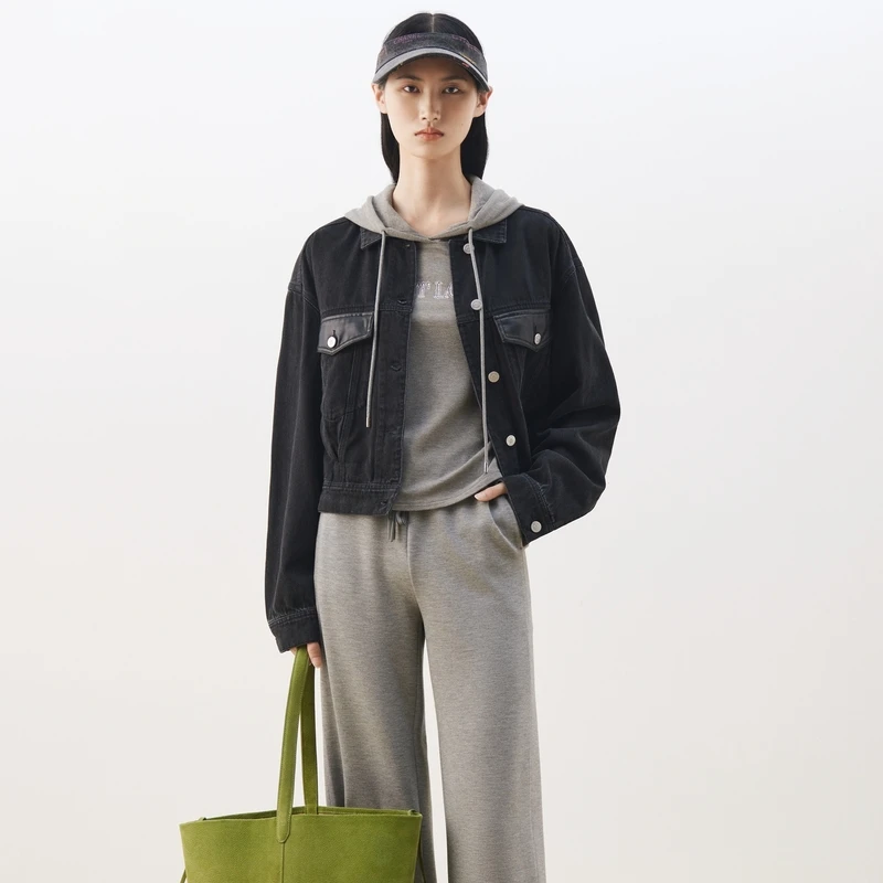 【晨粉专属价】大雅家时尚翻领牛仔拼接PU短外套女24秋冬新款J128A