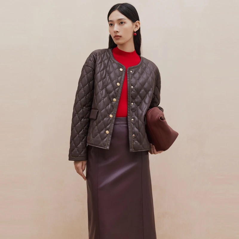 【晨粉专属价】大雅家复古圆领PU皮菱格绗缝棉衣女24秋冬新款M120A