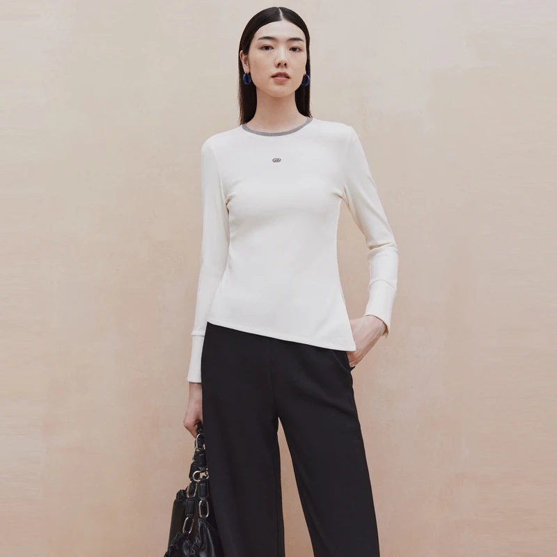 大雅家FS撞色圆领不对称下摆打底衫女24秋冬新款5502A