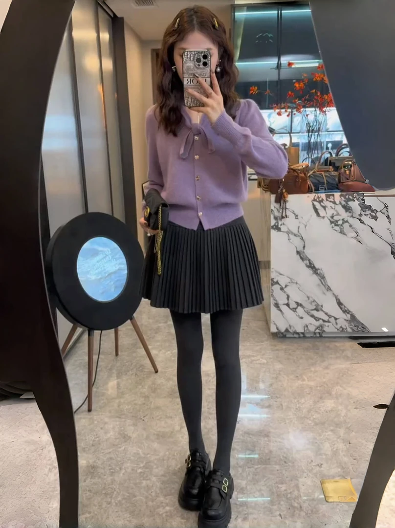 韩系搭配一整套冬装小香风时尚减龄蝴蝶结针织毛衣百褶裙两件套女