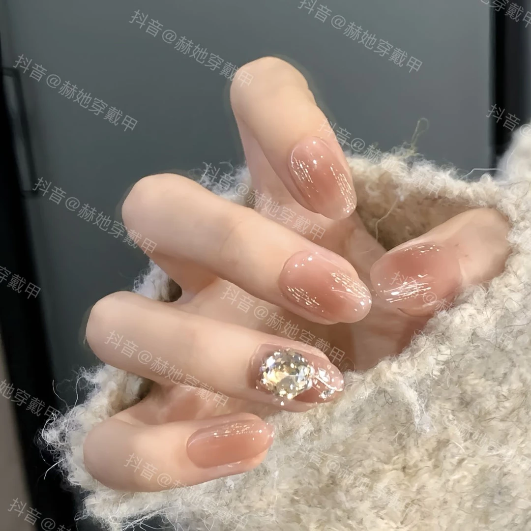 【金粉玫瑰】香槟定制k9钻法式渐变轻奢款  纯手工显白穿戴甲