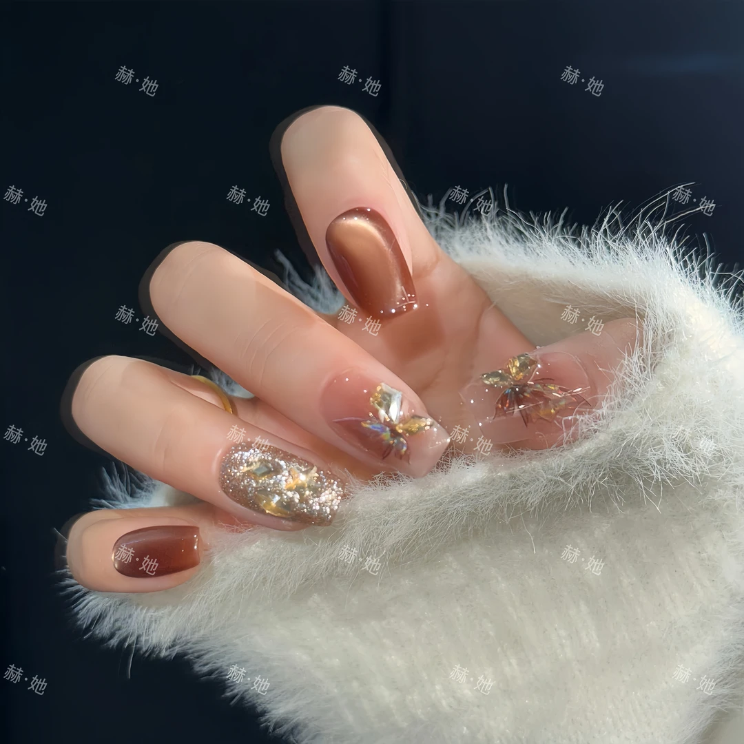 【蝴蝶谷】秋冬显白棕红细闪猫眼高定蝴蝶款  纯手工简约高级穿戴甲