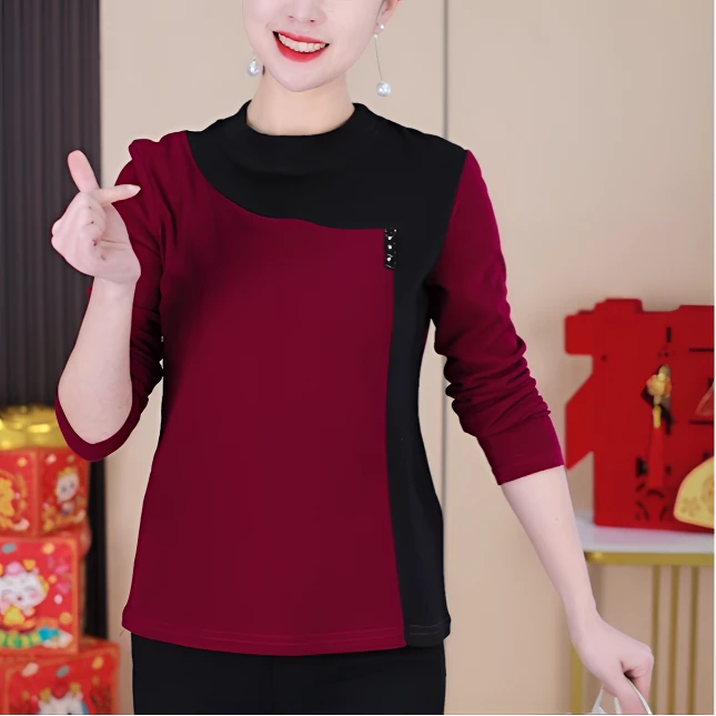 【清】宽松版春秋季女士时尚百搭拼接圆领长袖打底衫上衣