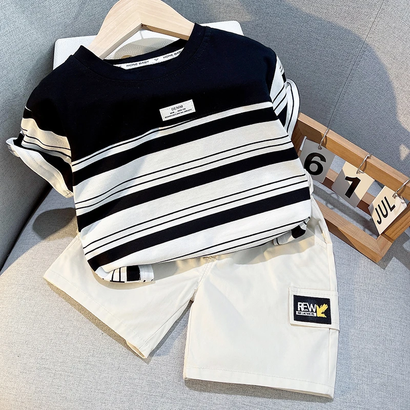 儿童男童洋气休闲运动时尚百搭夏季半袖条纹男宝小童帅气韩版套装