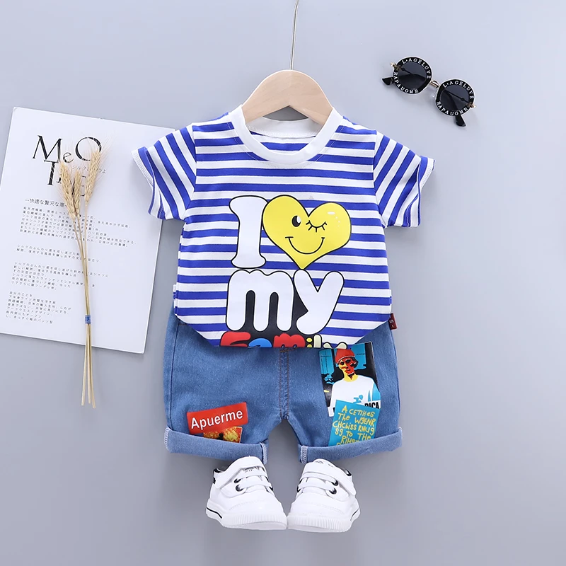 新款套装婴儿男童洋气夏季半袖休闲薄款条纹男宝小童帅气韩版卡通