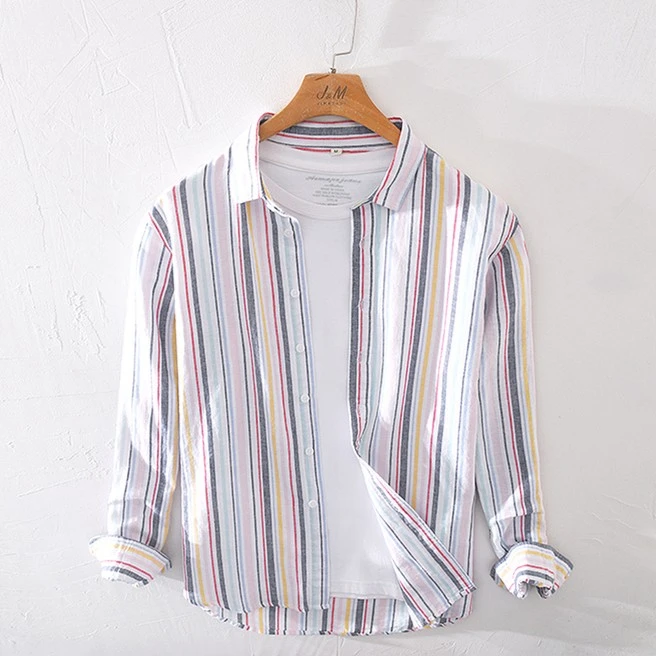 条纹撞色休闲文艺长袖棉麻衬衫男士日系大码宽松青年时尚衬衣