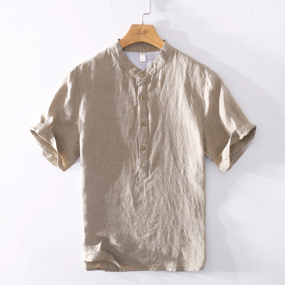 JM280#复古立领套头短袖亚麻衬衫男休闲文艺青年百搭时尚宽松衬衣