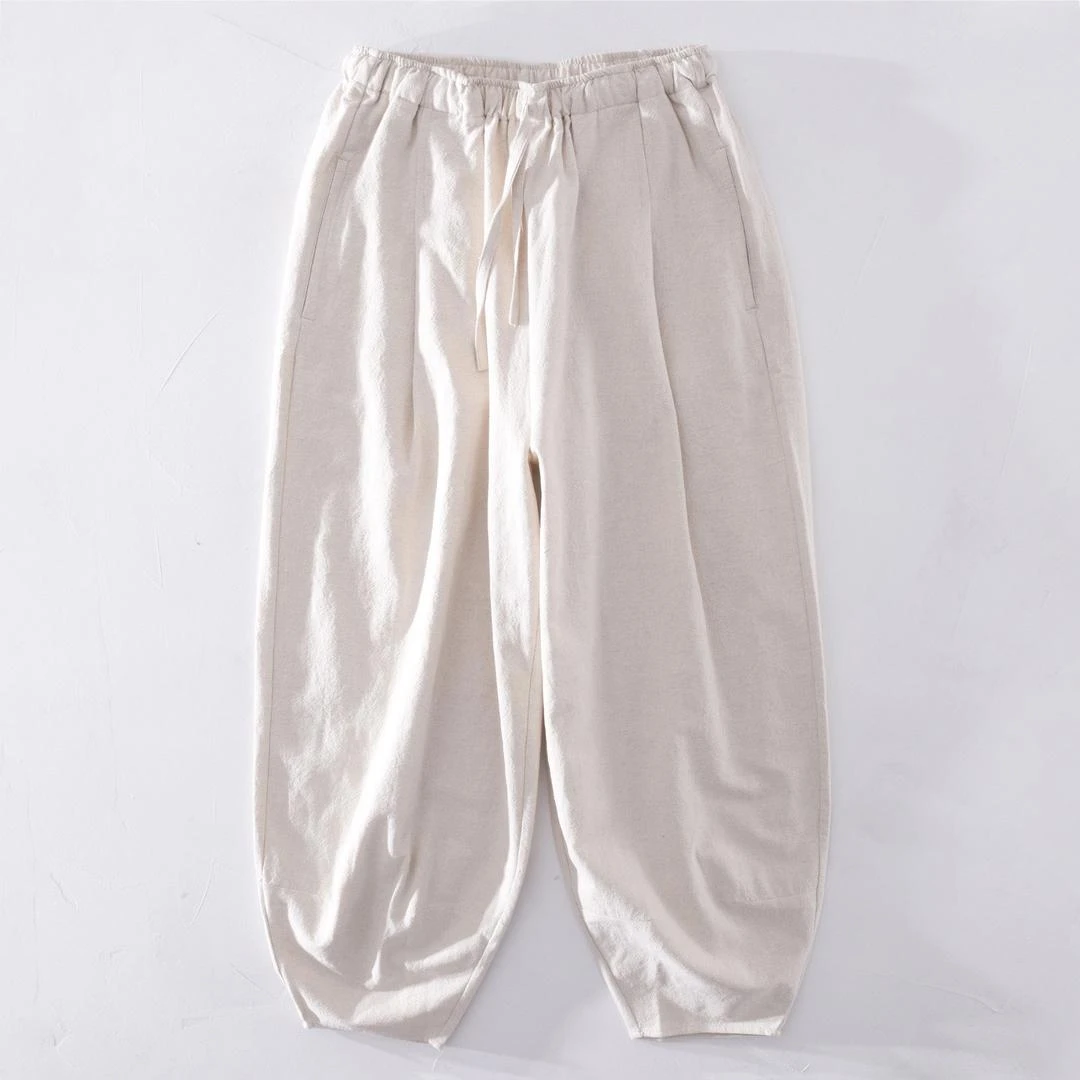 弯刀裤个性哈伦棉麻休闲裤男士松紧腰薄款百搭小脚宽松亚麻长裤