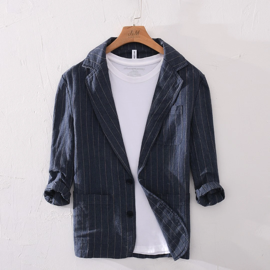 时尚修身潮流七分袖亚麻条纹休闲百搭帅气商务男士春夏款西服外套