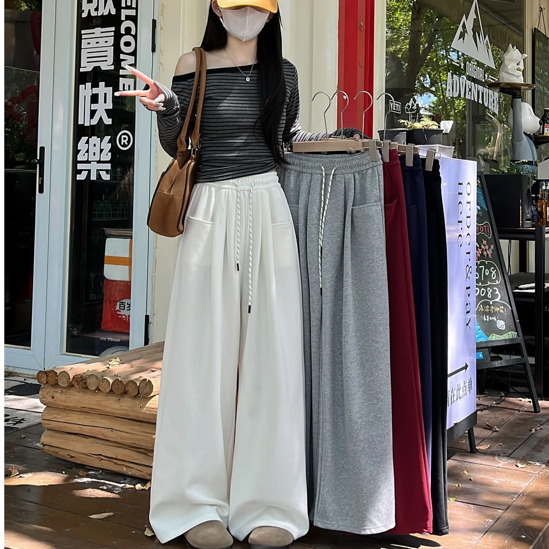 秋季新款休闲裤女松紧腰抽绳阔腿裤宽松显瘦直筒高腰垂感拖地长裤