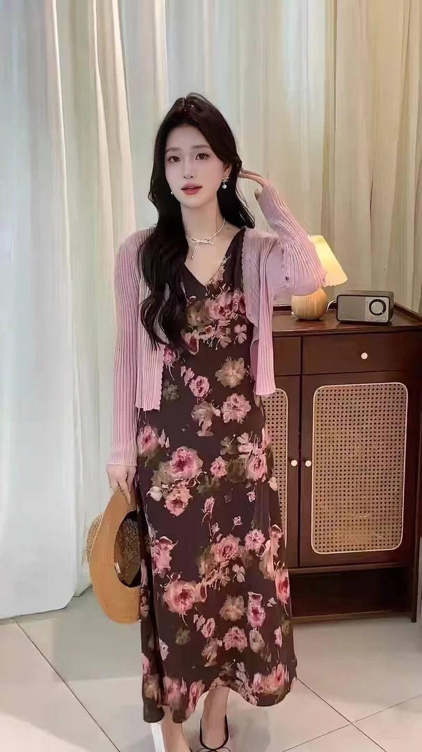 连衣裙套装碎花显瘦7826两件套气质夏季长裙收腰