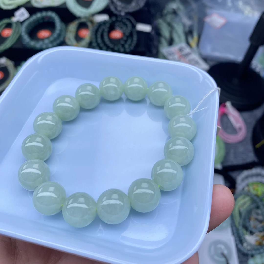 天然缅甸翡翠A货卡13细糯果绿手串大卡位男士手链（16颗）