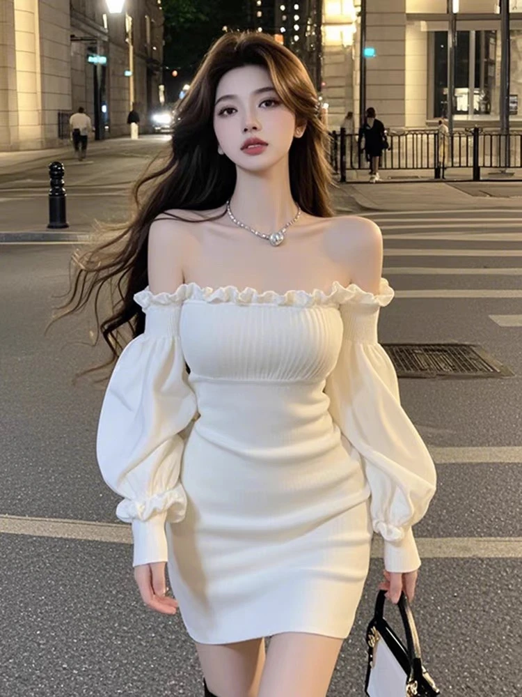 【B Y】白色初恋性感甜美气质秋季辛苦啊时尚包臀一字肩连衣裙小众