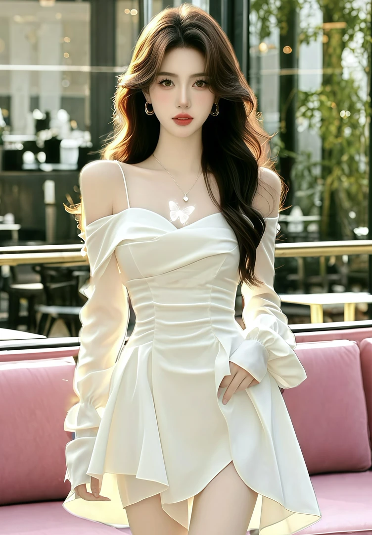 【现货】白色吊带收腰褶皱A字裙小个子长袖性感法式一字肩宴会宴会