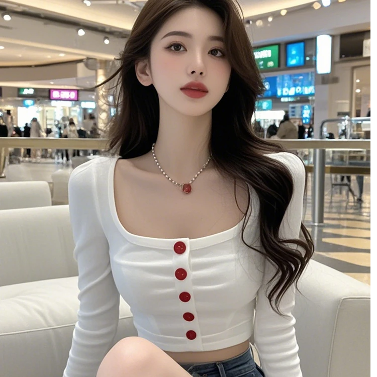 方领白色短上衣显瘦长袖短款百搭性感紧身修身设计感韩版