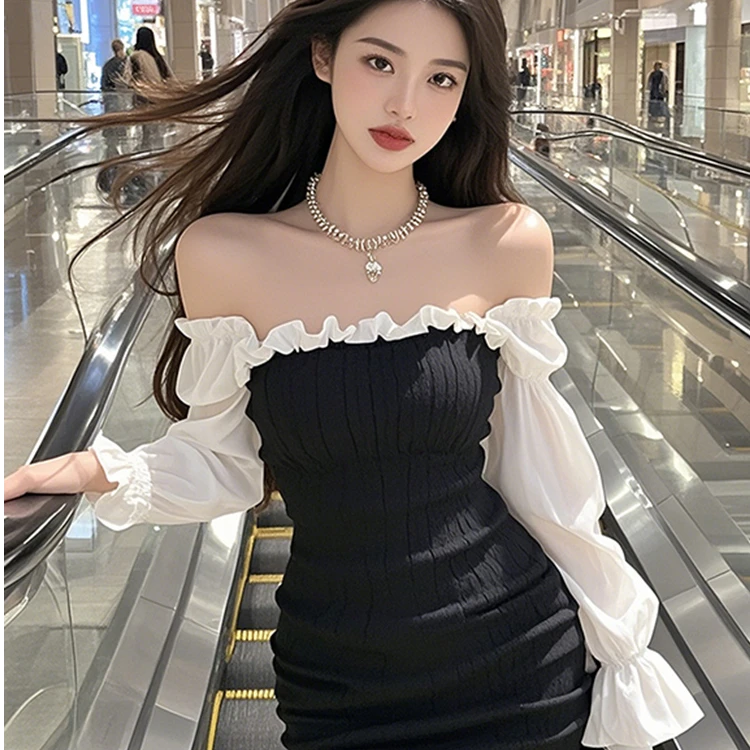 【B Y】一字黑白褶皱灯笼袖包臀裙气质气质长袖法式收腰露肩设计感