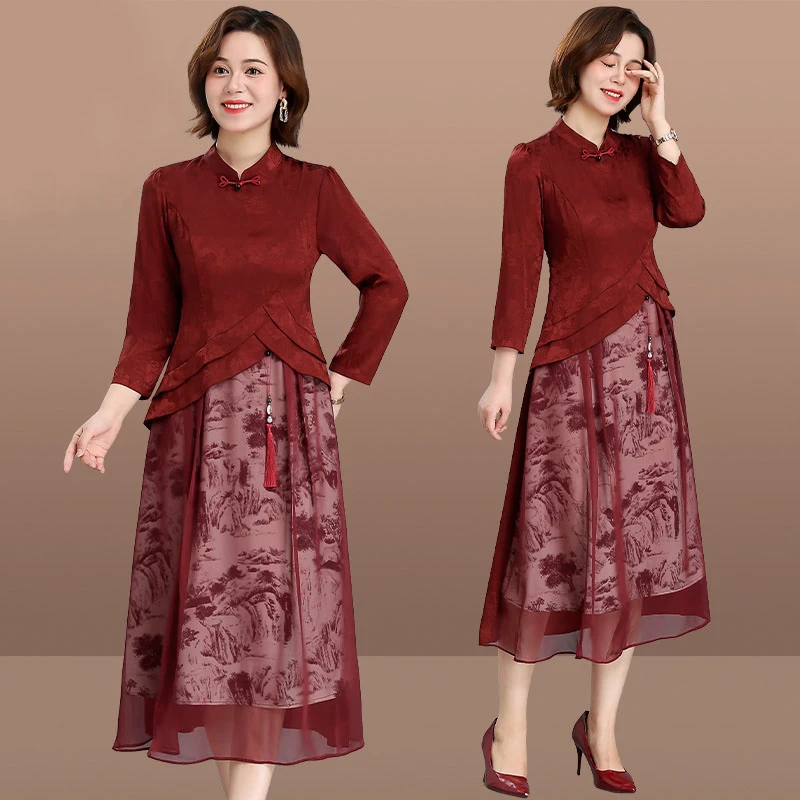 喜婆婆婚宴装2024新款结婚妈妈礼服高贵旗袍春秋装中老年连衣裙女