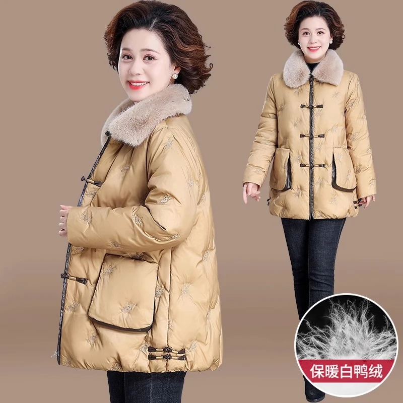 中年妈妈冬装羽绒服中老年女装秋冬新中式唐装棉袄外套中长款棉衣