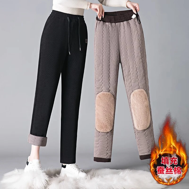 妈妈冬季直筒蚕丝棉裤子时尚新款中老年人女秋冬休闲加绒加厚长裤