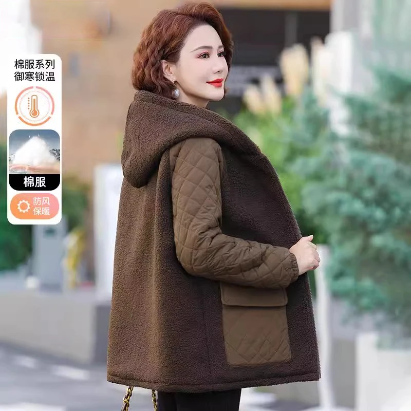 妈妈秋冬2024新款夹棉外套中长款中老年女士冬装拼接薄款羽绒棉服