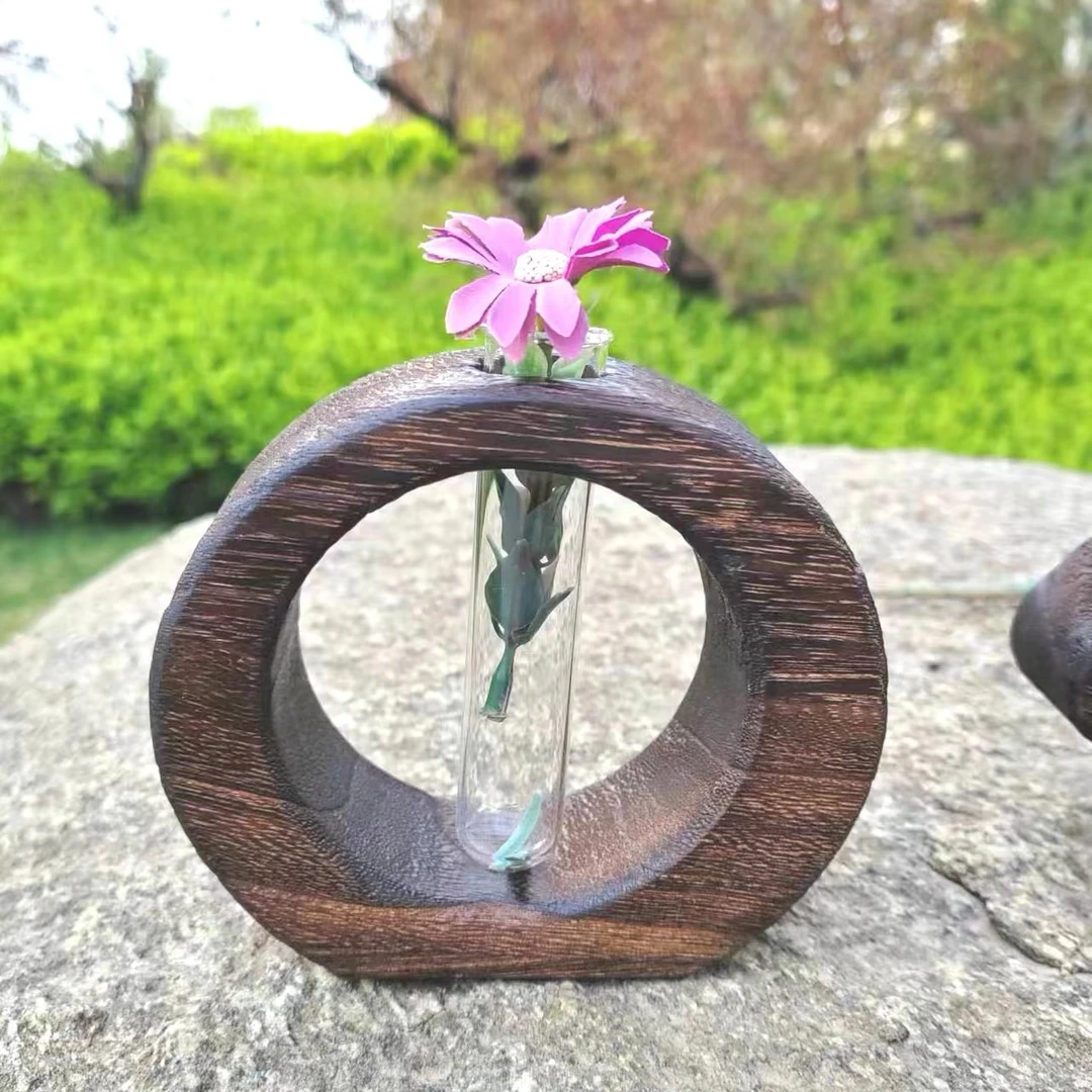 创意圆形简约插花客厅实木玻璃花瓶小摆件茶室餐桌水培民宿摆设
