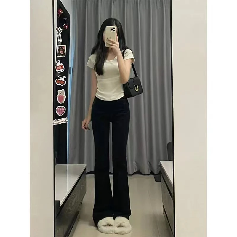 美式复古微喇牛仔裤女春秋韩系辣妹高腰修身毛边流苏喇叭马蹄裤子