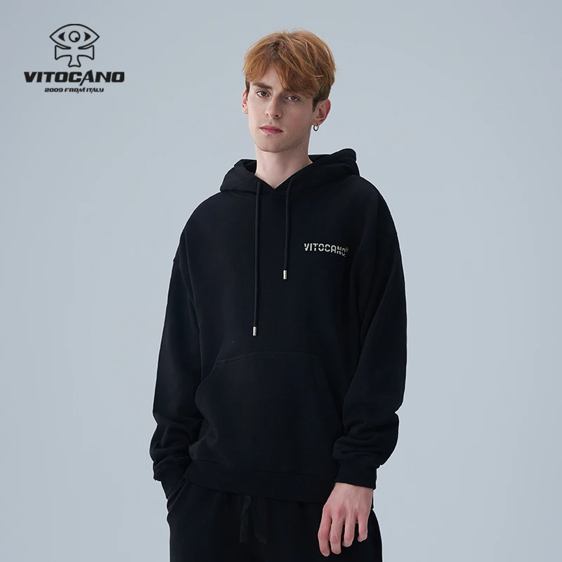 vitocano纯色字母logo印花连帽套头高街男友感长袖卫衣宽松潮流