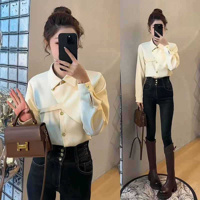 不对称设计衬衫轻奢优雅翻领长袖+复古三排扣高腰修身小脚牛仔裤