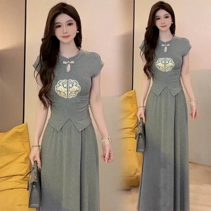 2024夏季新中式复古国风刺绣时尚套装裙女收腰上衣半身裙两件套
