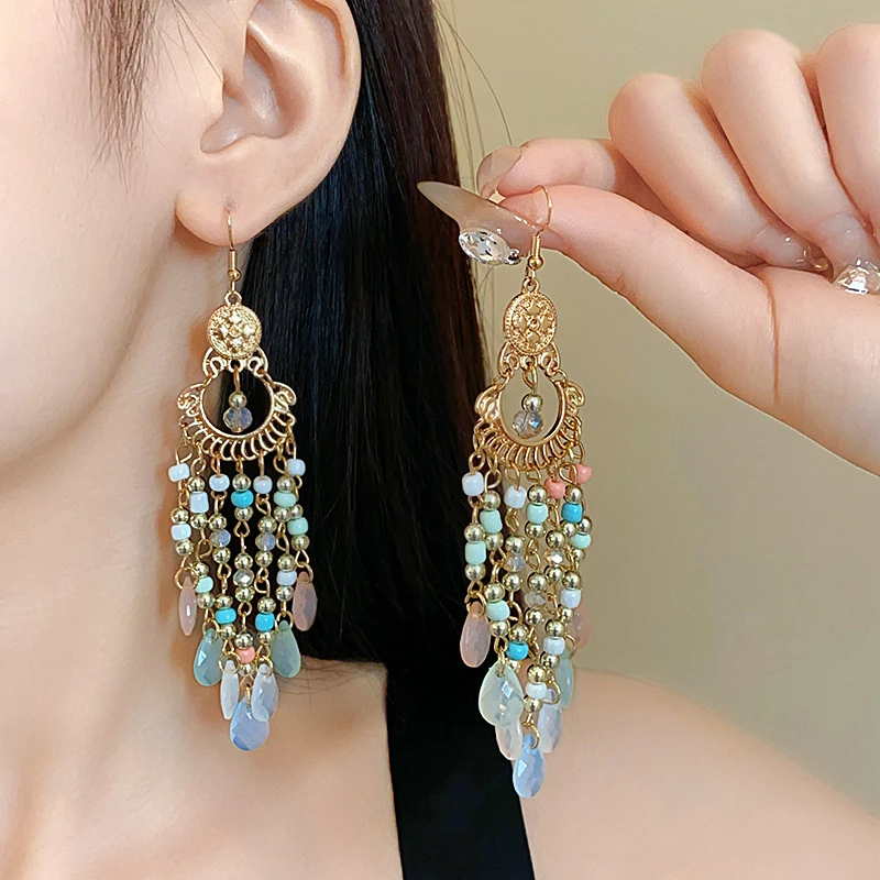 合金仿水晶耳饰 复古长款耳环精致时尚新款气质国风古风个性超仙