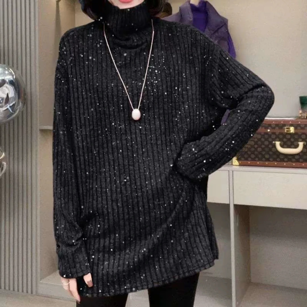 「火火家」大码针织闪闪高领毛衣打底衫中长款长袖保暖百搭舒适5290
