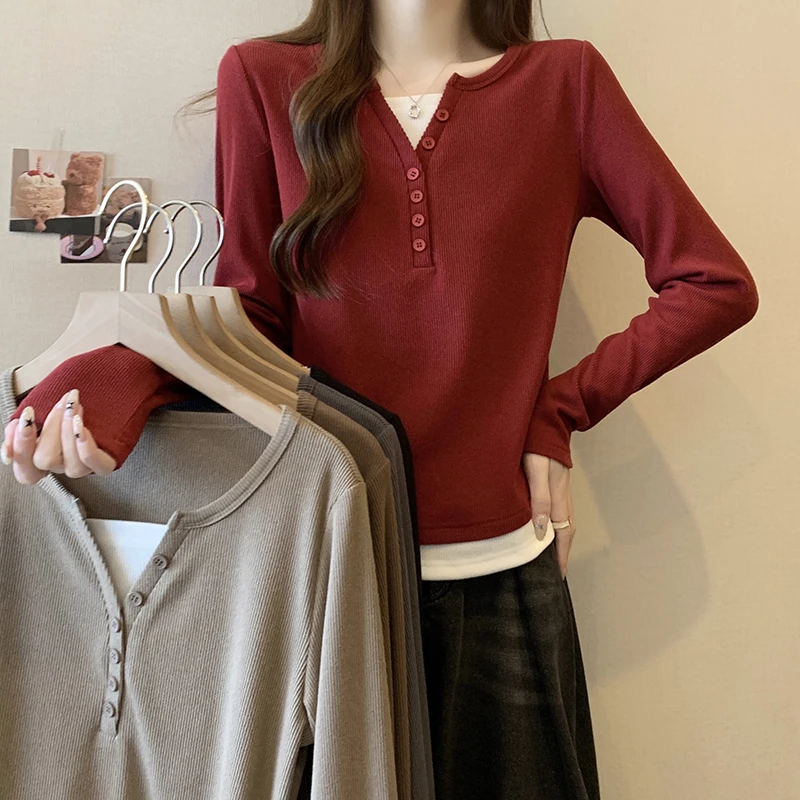 2024春季新款胖mm辣妹百搭设计感假两件外穿正肩打底T恤上衣