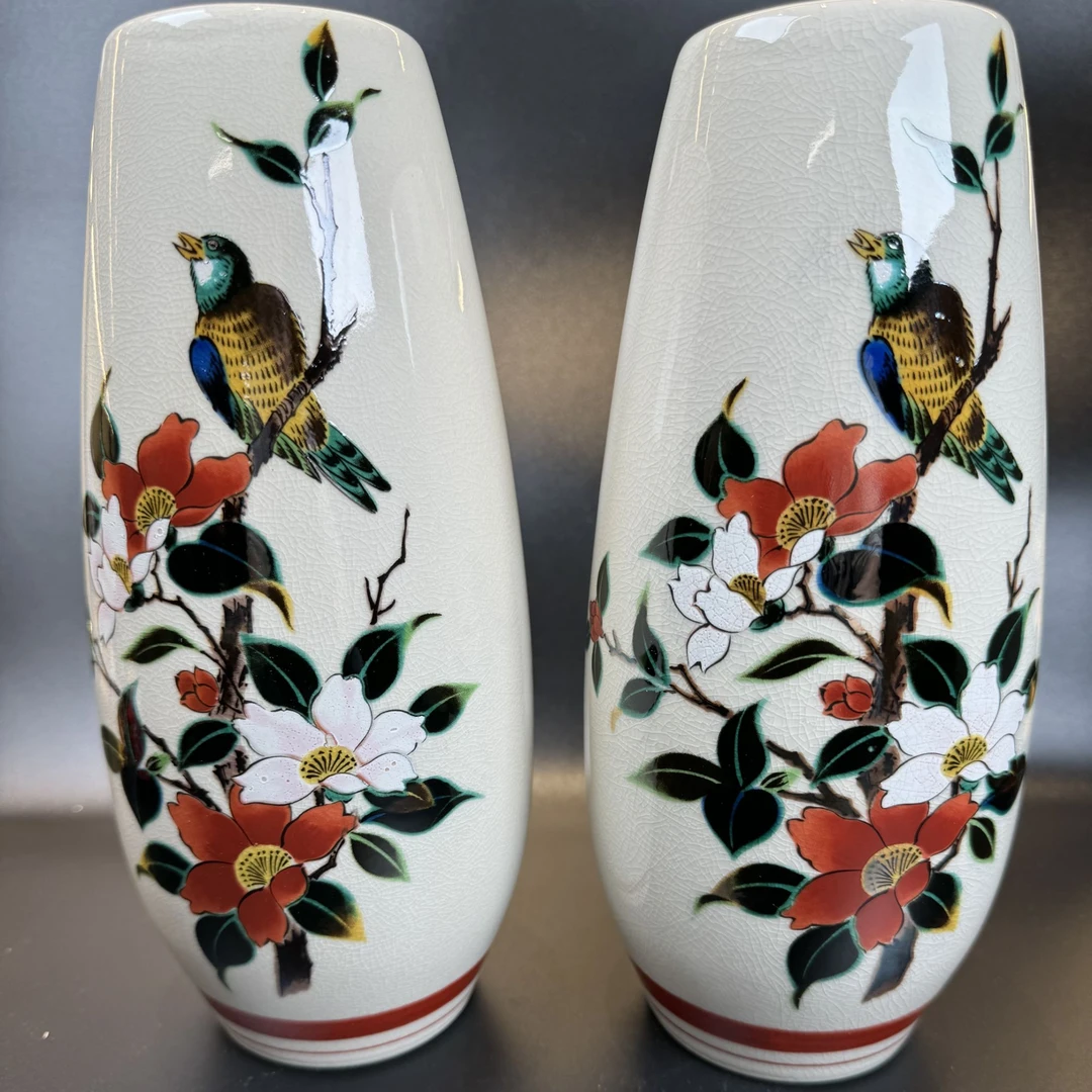 日瓷回流九谷福寿手绘郊趾釉喜上眉梢中古子母陶瓷花瓶花入花器