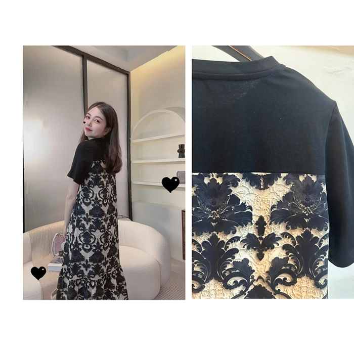 【3D立体感】超薄款假两件拼接碎花连衣裙女夏短袖设计感中长款裙子