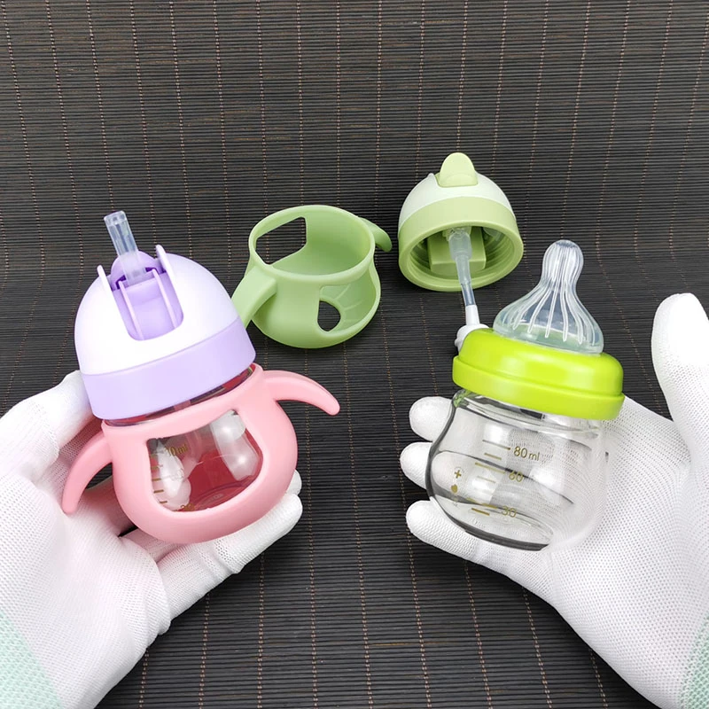 宝宝可爱迷你吸管杯宽口径玻璃奶瓶80ml防胀气6个月婴儿喝水防漏