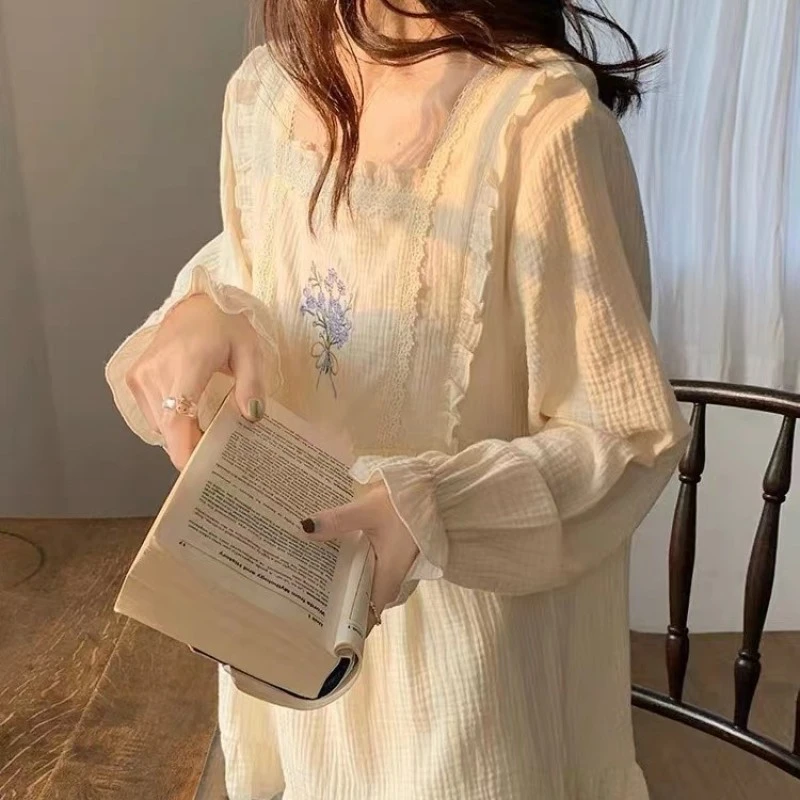 睡衣春秋季女士纯棉双层纱布睡衣翻领全棉薄款长袖家居服套装刺绣