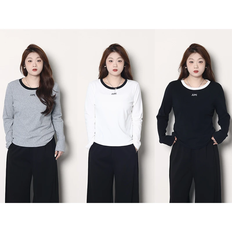 QC-宣宣【糯米奶冻】微胖大码女早秋百搭显瘦圆领撞色T恤 ZY408J13