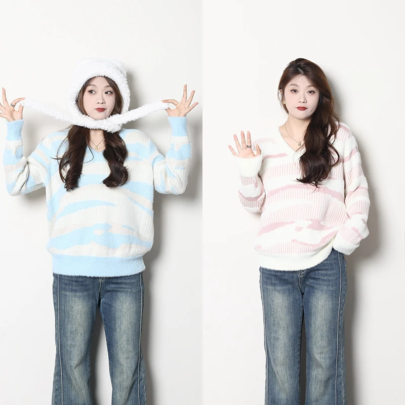 QC宣宣【海派美高】微胖大码女秋冬百搭显瘦条纹针织毛衣ZY409F16