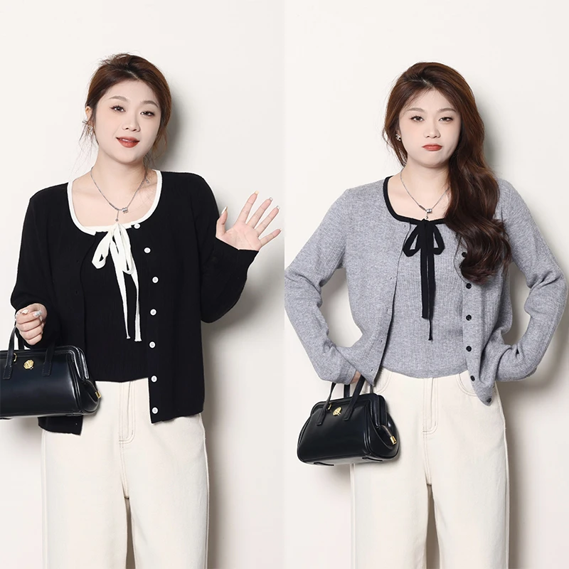 QC-宣宣【目光收割机】微胖大码女秋百搭针织衫+吊带套装 ZY407J45